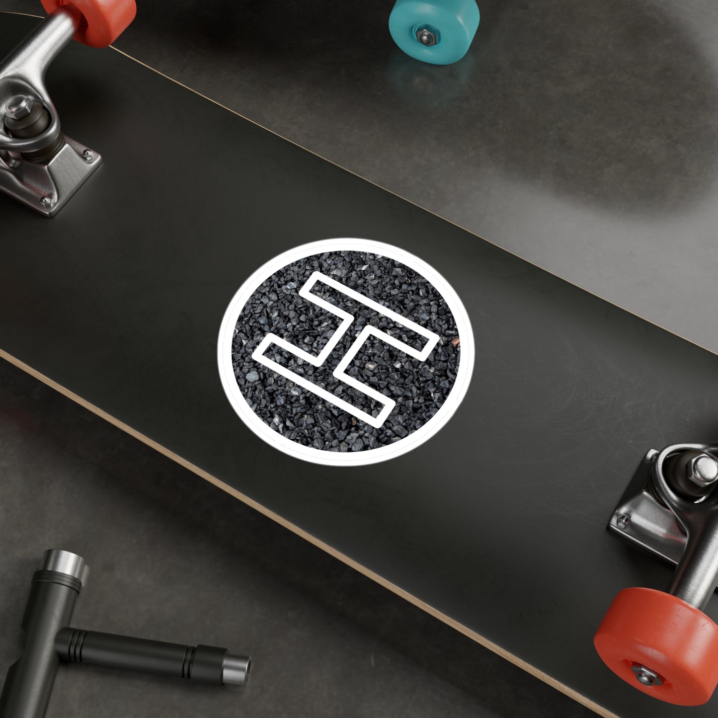 6" x 8" helipad vinyl sticker on a skateboard