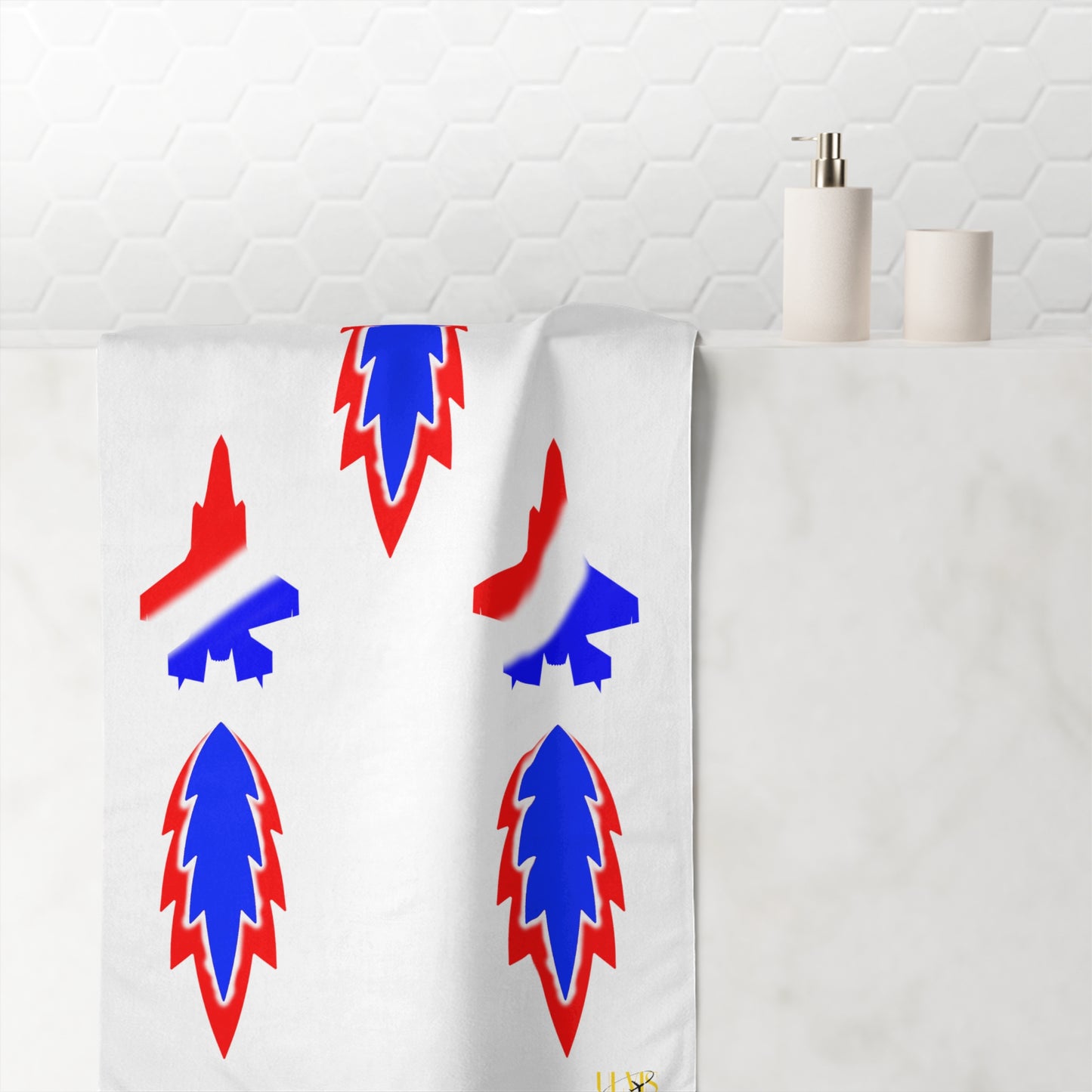 American Flag colored Vic Formation White Beach towel in bathroom