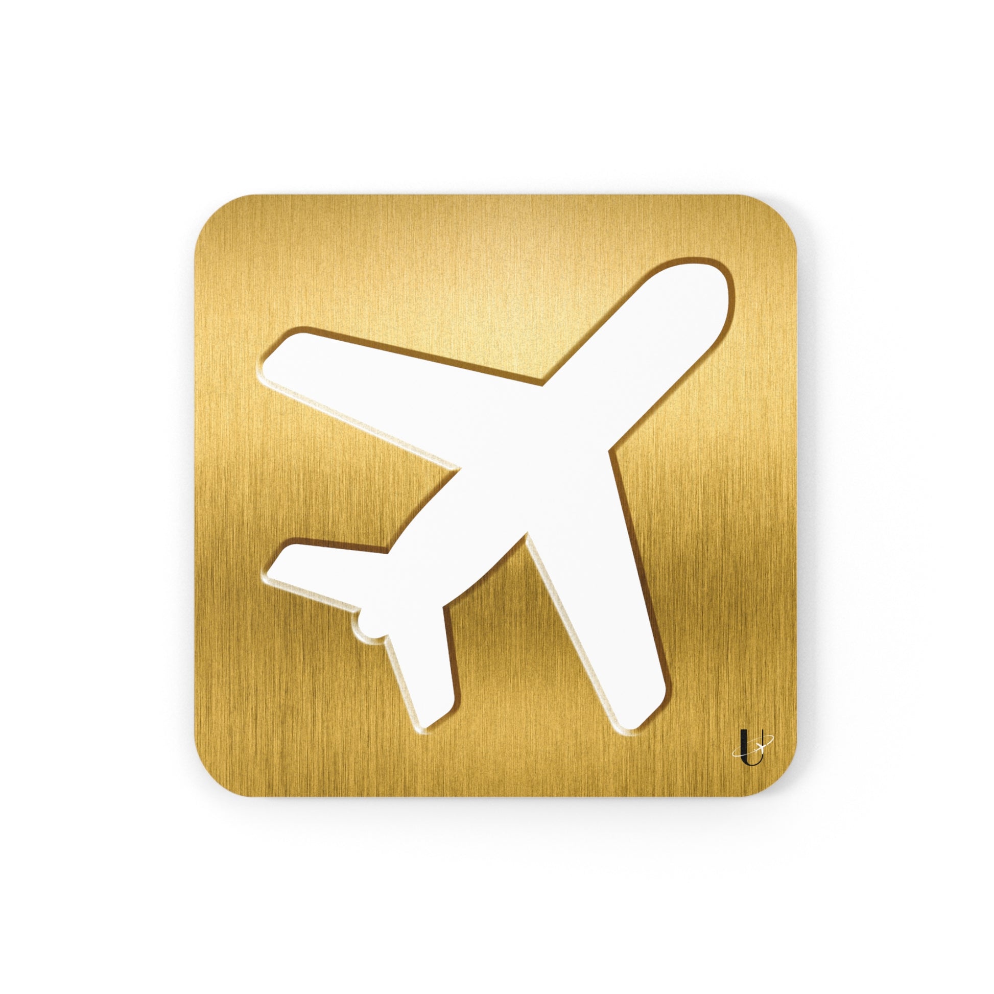 Gold airplane emblem cork coaster (front)