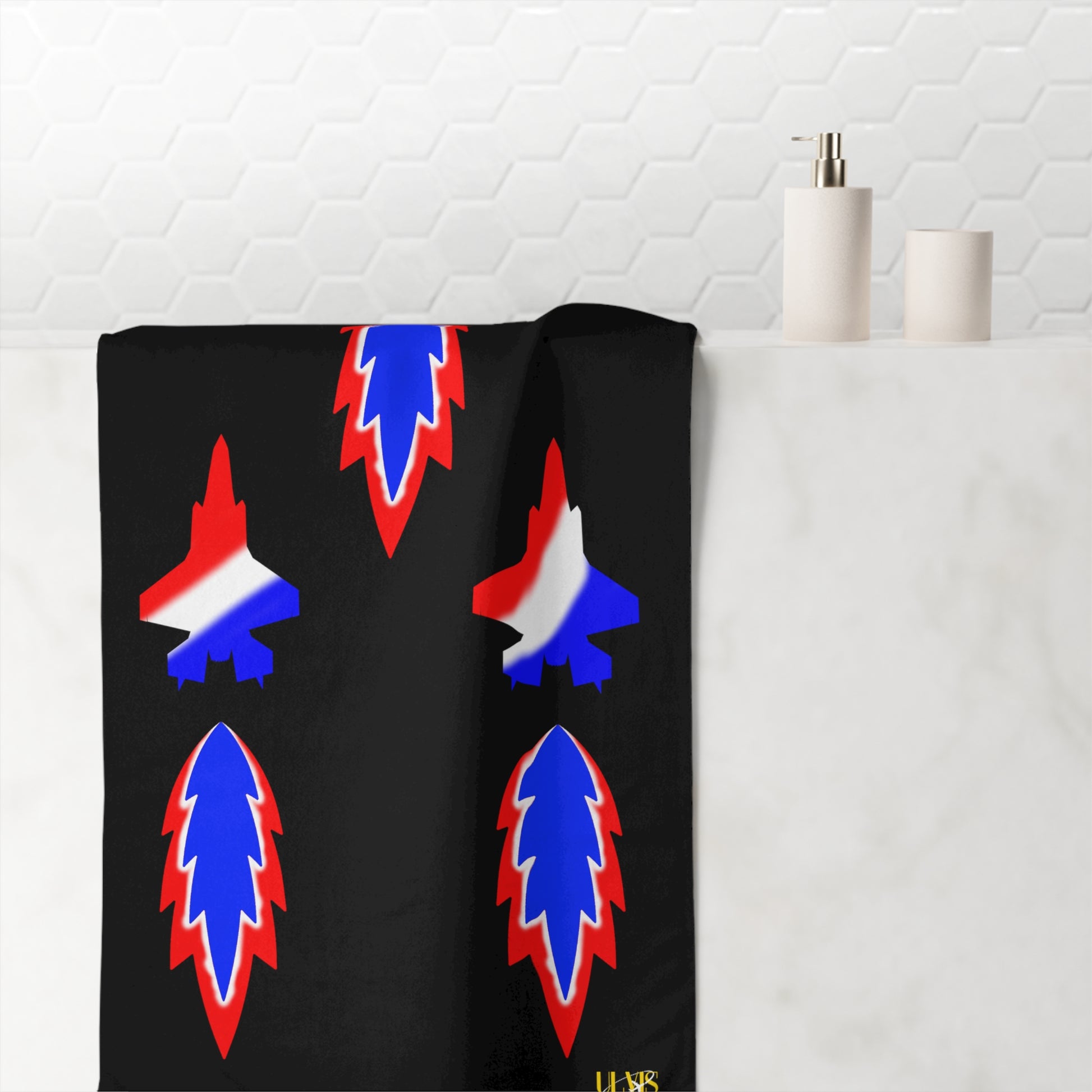 American Flag colored Vic Formation black Beach towel in bathroom