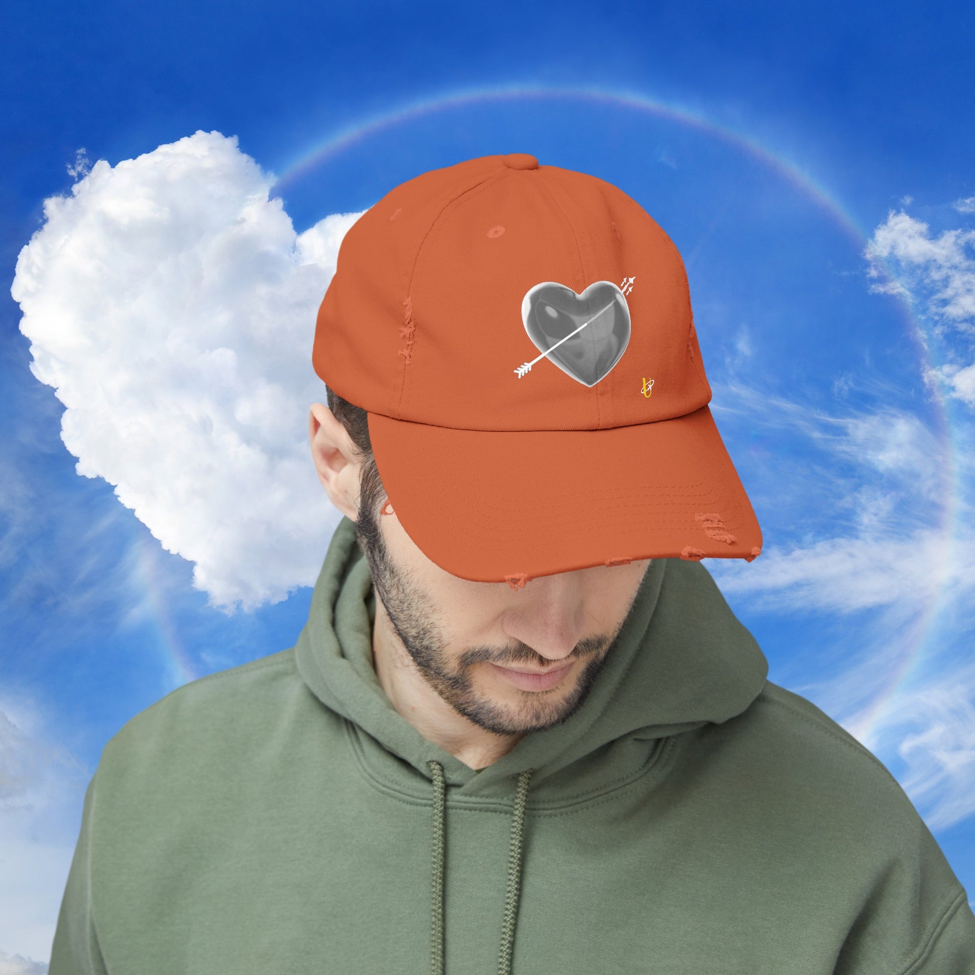 Man wearing burnt orange "Love Jet" hat