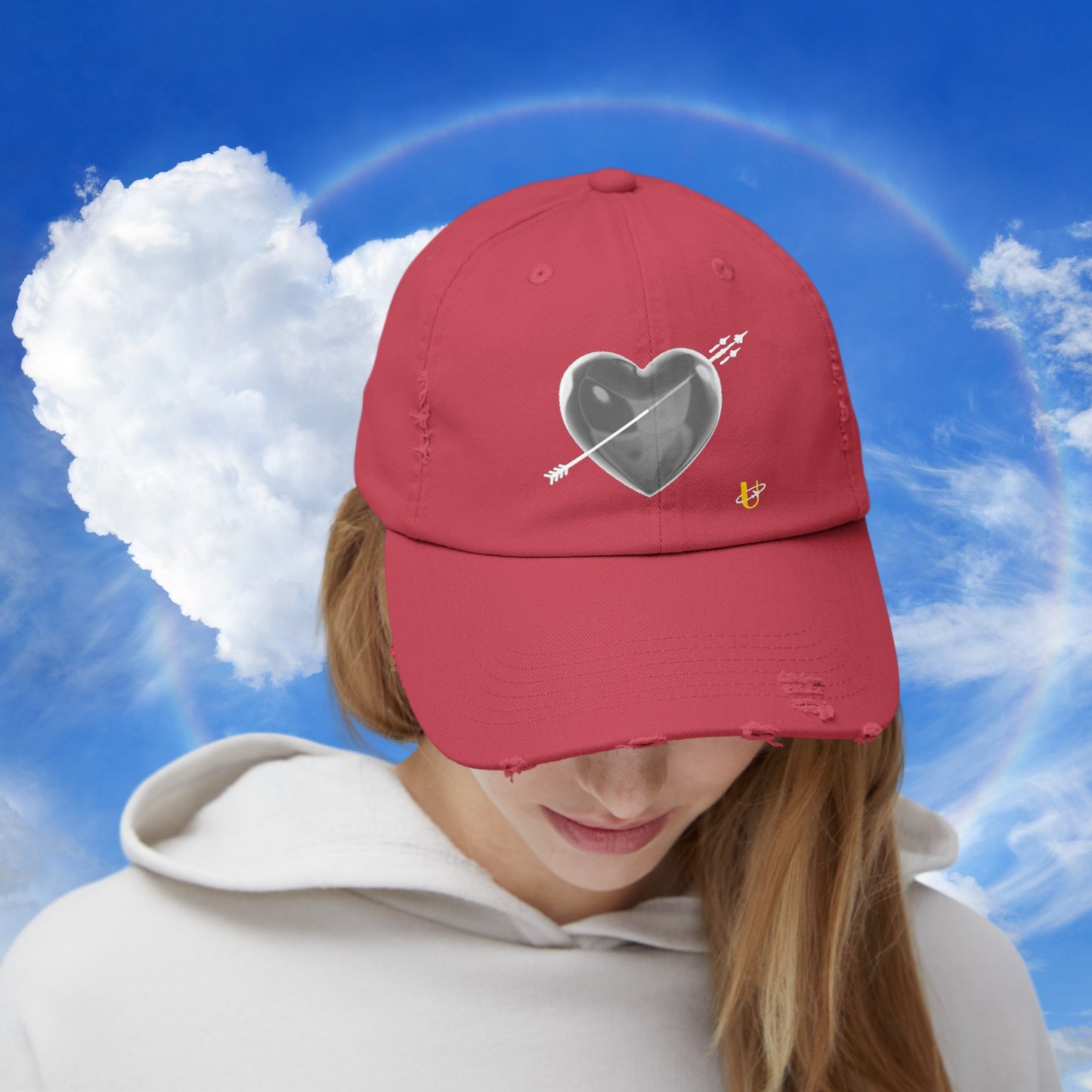 Woman wearing dashing red "Love Jet hat