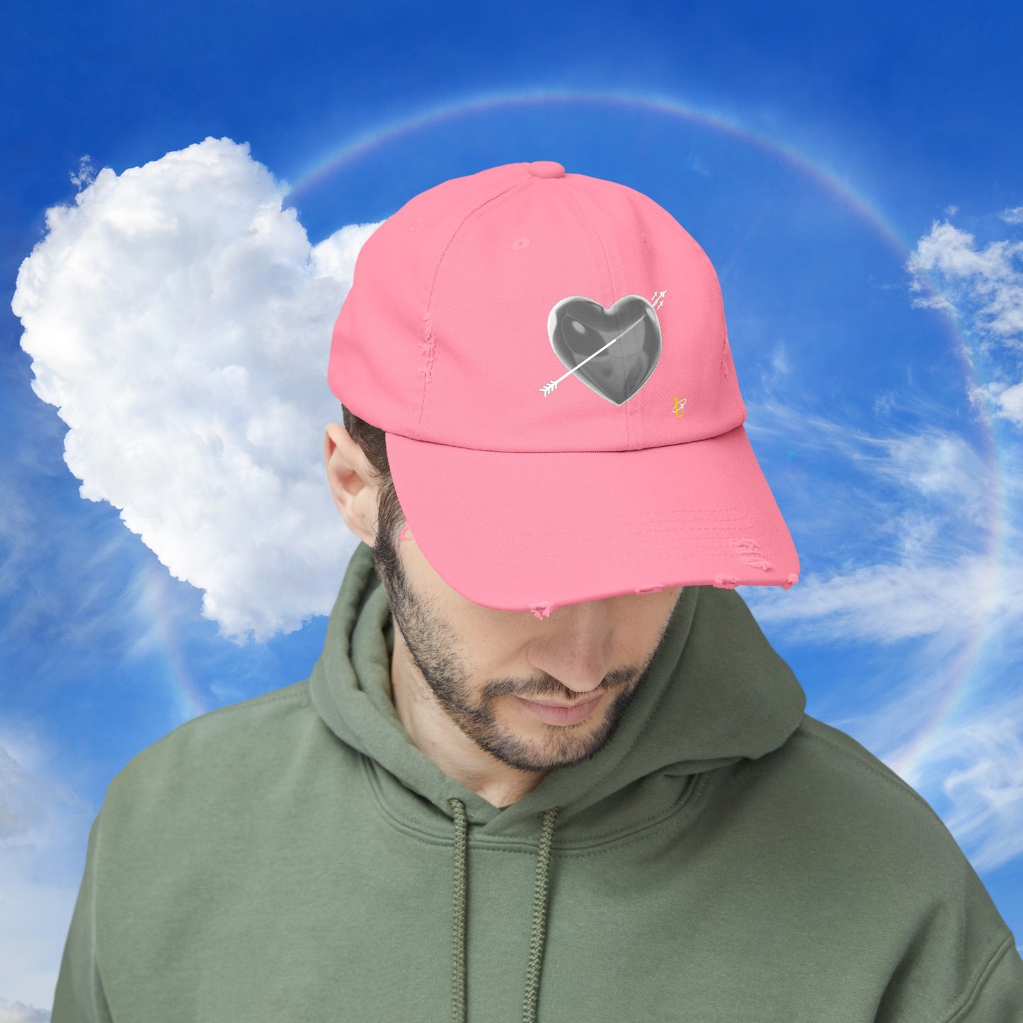 Man wearing true pink "Love Jet" hat