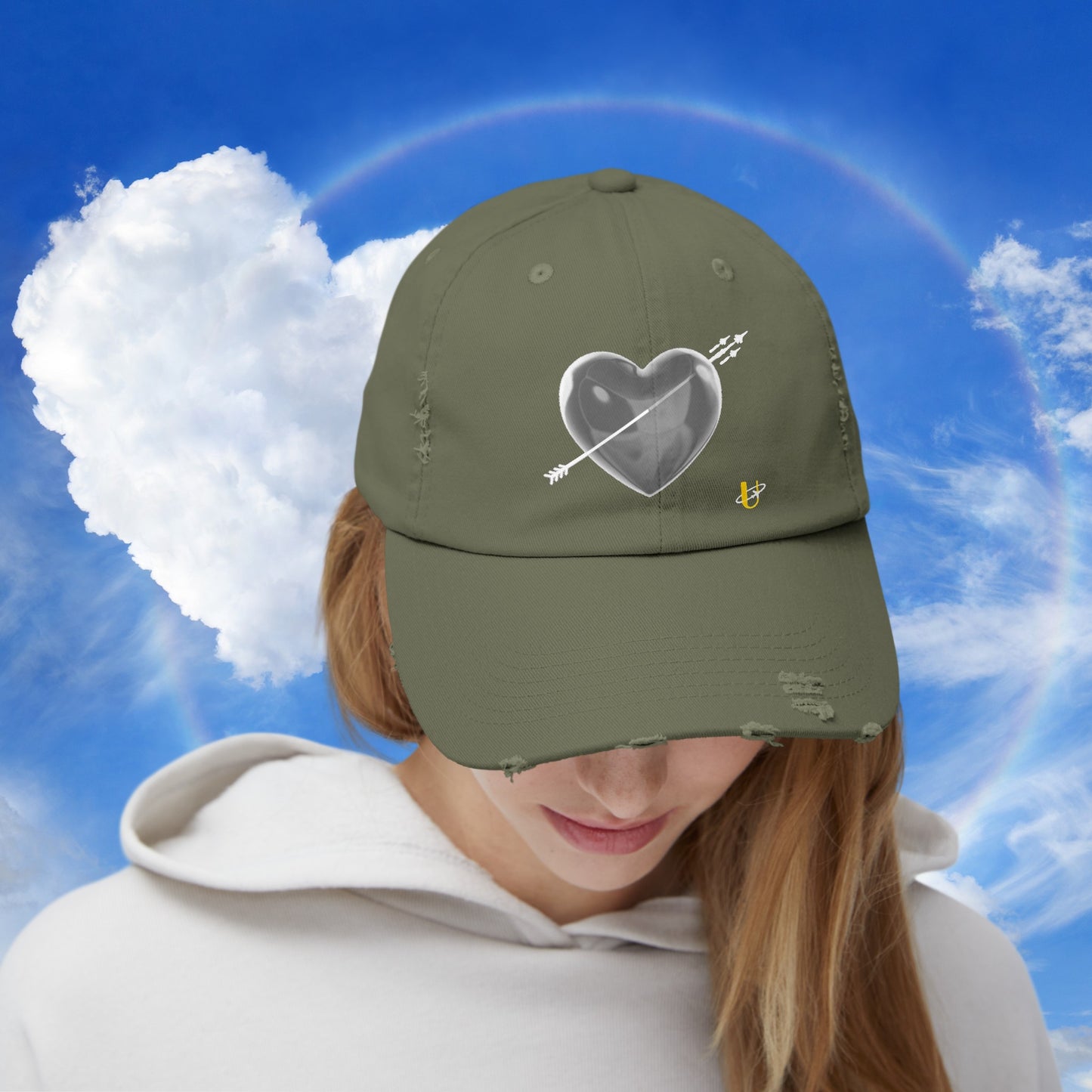 Woman wearing light olive "Love Jet hat