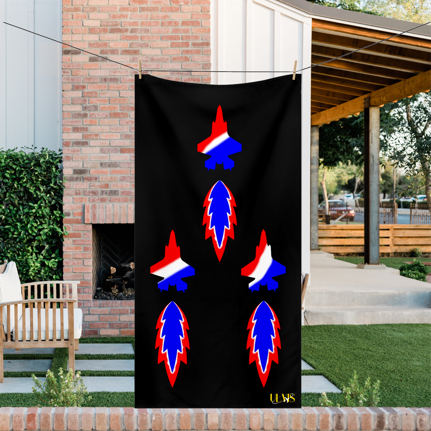 American Flag colored Vic Formation black Beach towel lifestyle shot