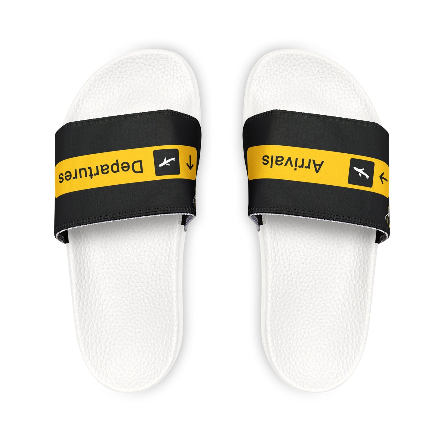 top view of white women's Slides with the words Arrivals and Departures on each foot