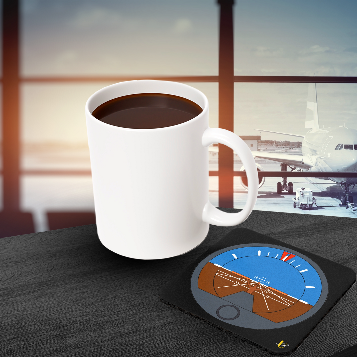 Attitude Indicator Aviation cork back square coaster (airport background)