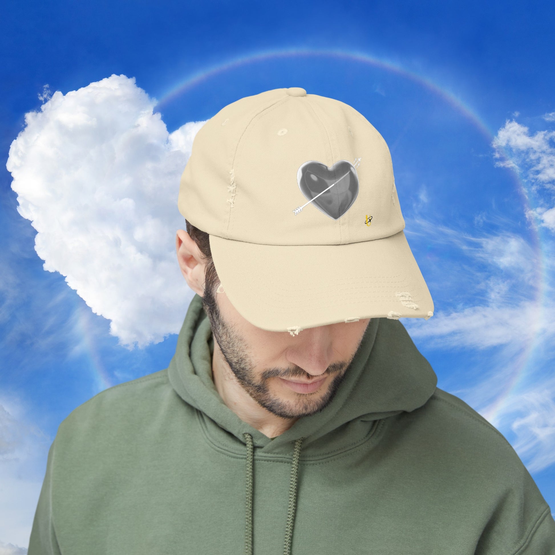 Man wearing stone "Love Jet" hat