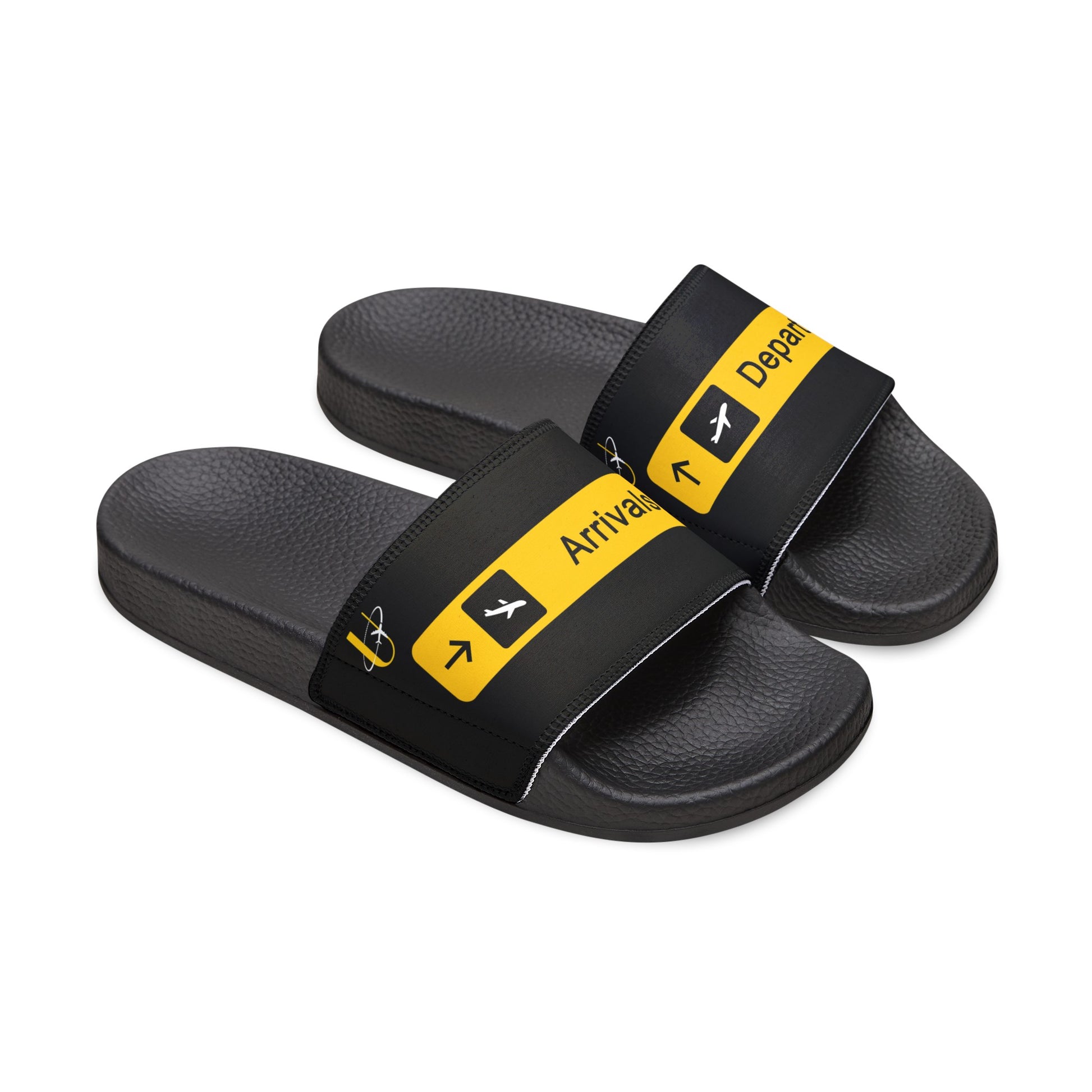 side view of black women's Slides with the words Arrivals and Departures on each foot