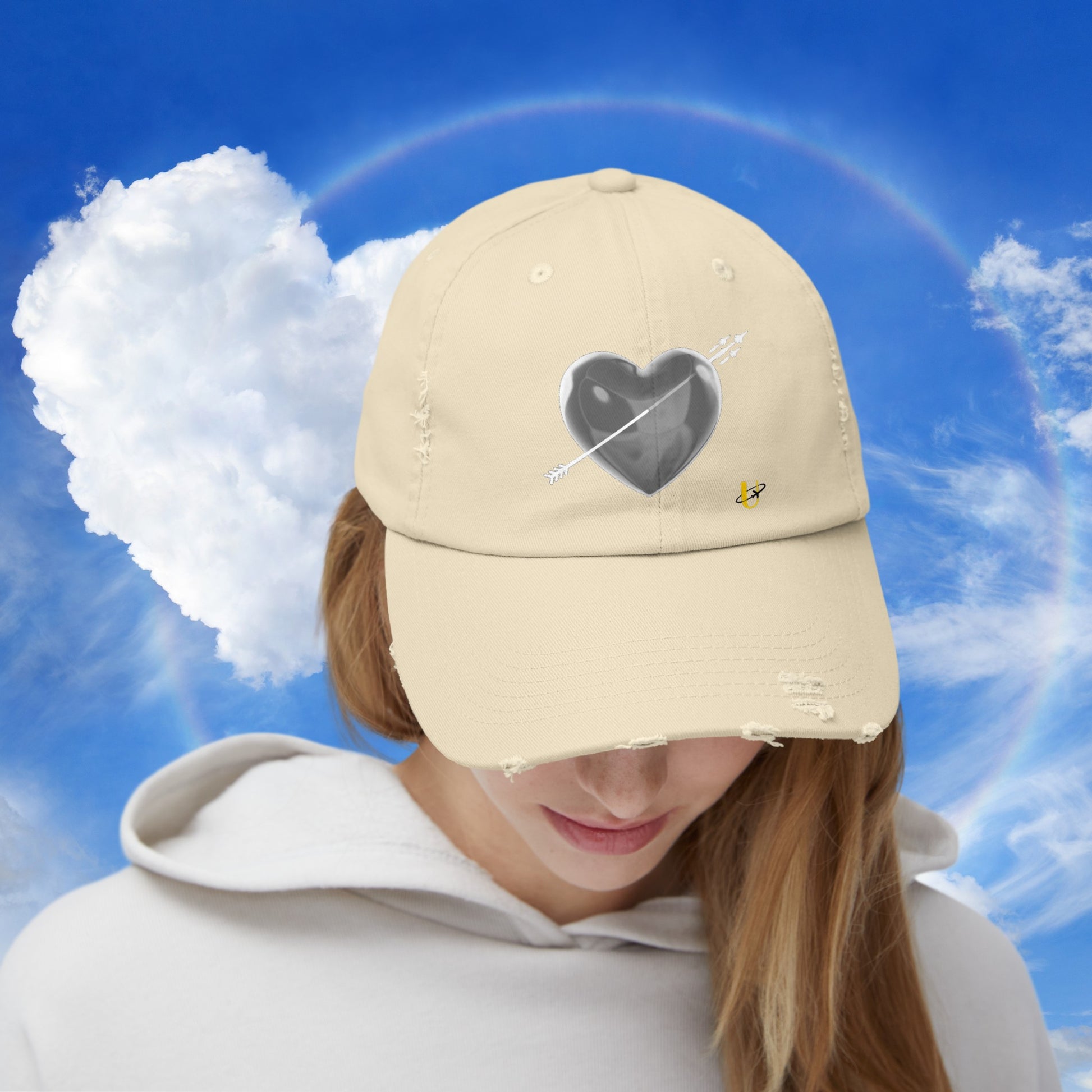 Woman wearing stone "Love Jet" hat