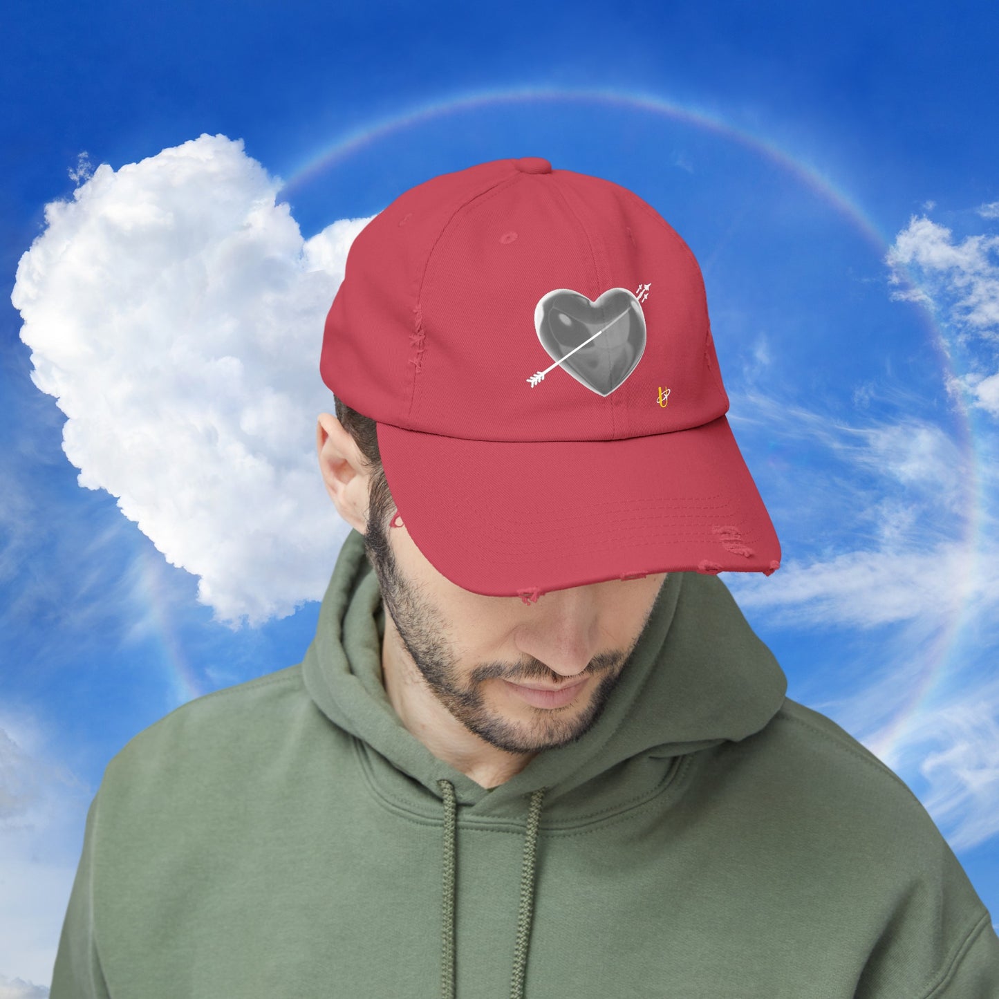 Man wearing dashing red "Love Jet" hat