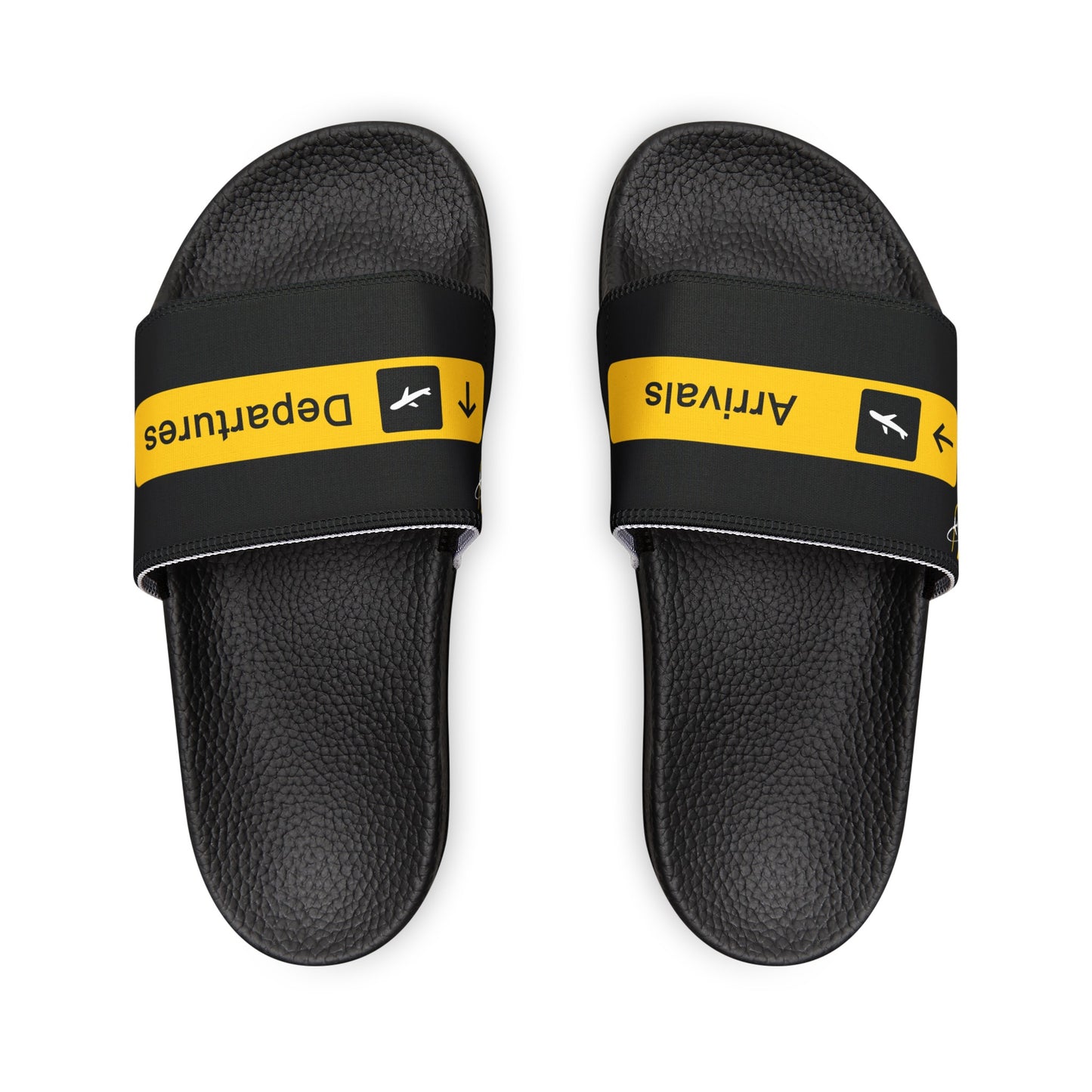 top view of black women's Slides with the words Arrivals and Departures on each foot