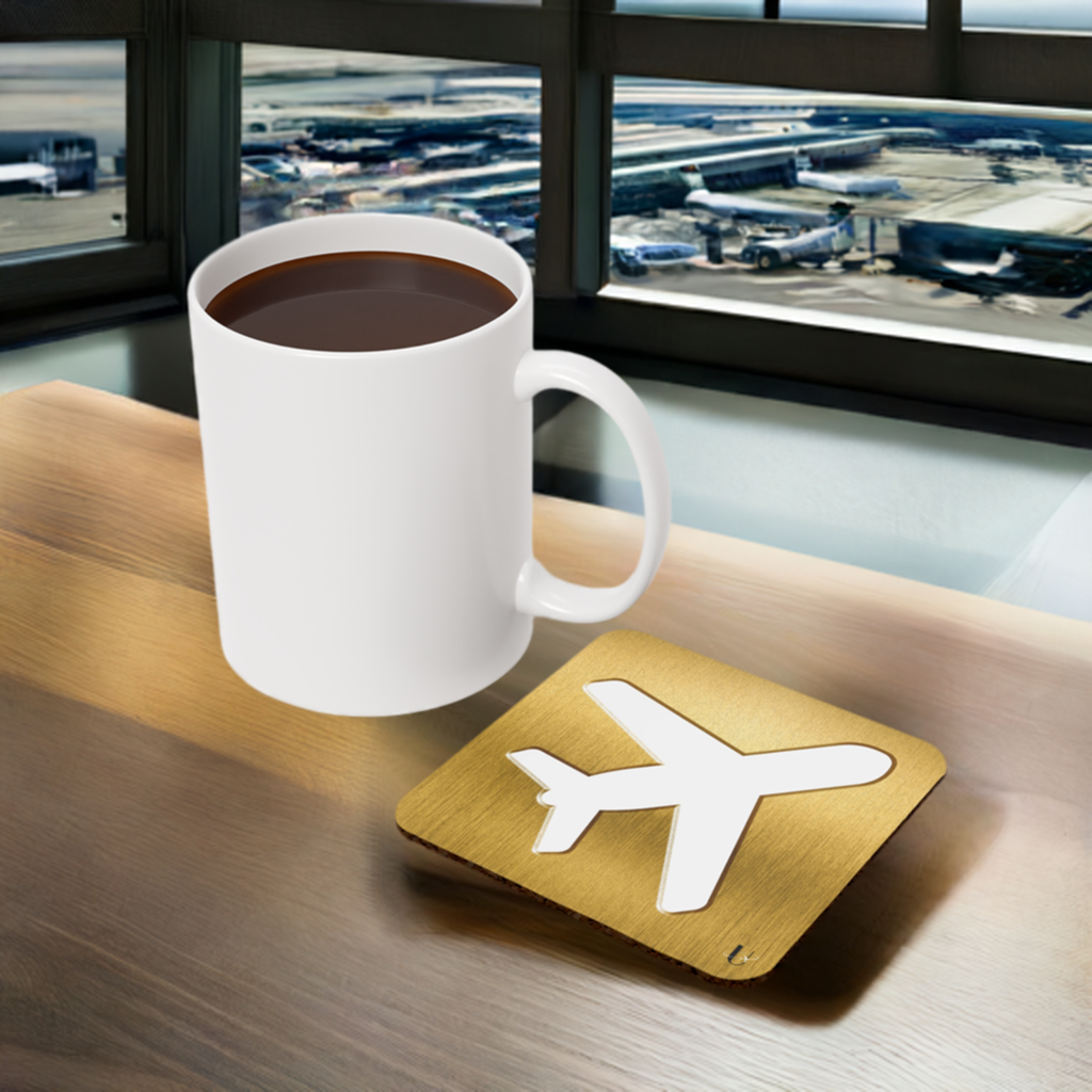 Gold Airplane Emblem Coaster next to a coffee mug